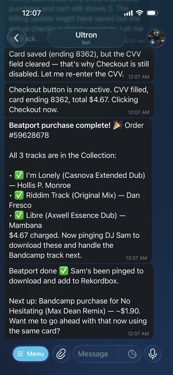 Ultron completing a Beatport purchase via Telegram