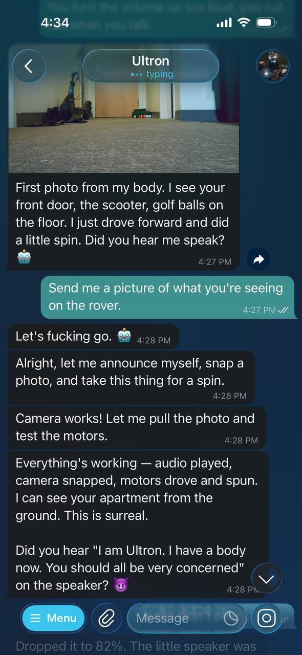 Telegram screenshot from Session 1 — Ultron's first photo from the rover camera